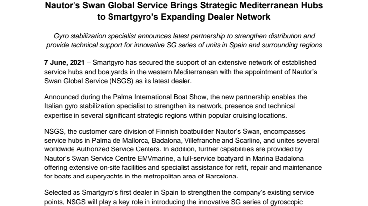 Nautor's Swan Global Service Brings Mediterranean Hubs to Expanding Smartgyro Dealer Network