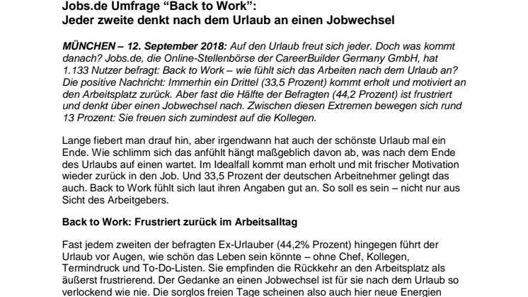 ​Jobs.de Umfrage “Back to Work”: Jeder Zweite denkt nach dem Urlaub an einen Jobwechsel