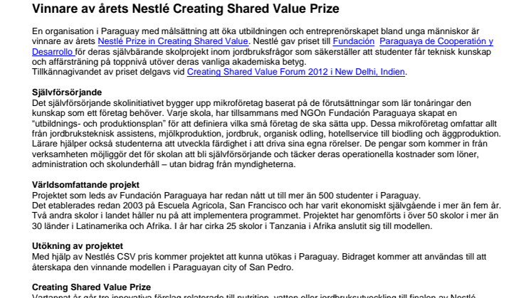 Vinnare av årets Nestlé Creating Shared Value Prize 