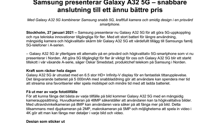 Samsung presenterar Galaxy A32 5G – snabbare anslutning till ett ännu bättre pris