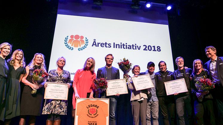 Finalister och vinnare av Årets Initiativ 2018: Hälsa för chefer. Från vänster: Olofströms kommun (3:e plats), The Amazing Society (vinnare), Sturebadet Health (4:e plats) och Scandic Health Club (2:a plats). Bild: LPT