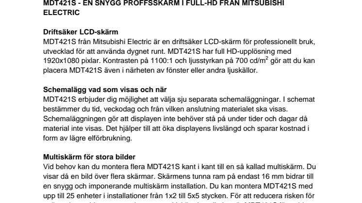 MDT421S - SNYGG PROFFSSKÄRM I FULL-HD FRÅN MITSUBISHI ELECTRIC