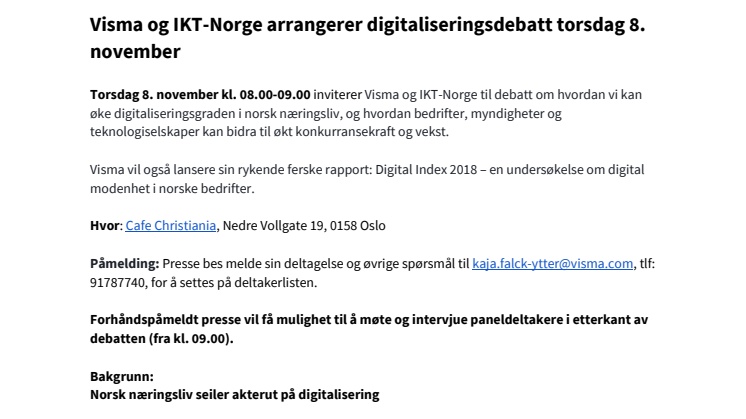 ​Visma og IKT-Norge arrangerer digitaliseringsdebatt torsdag 8. november