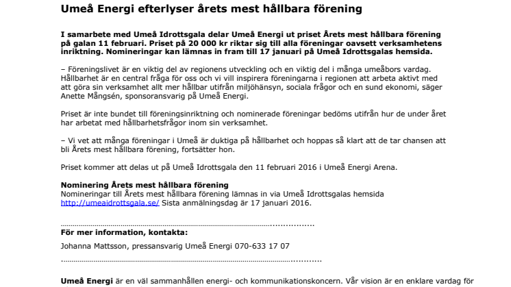 Umeå Energi efterlyser årets mest hållbara förening