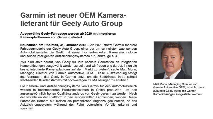 Garmin ist neuer OEM Kameralieferant für Geely Auto Group 