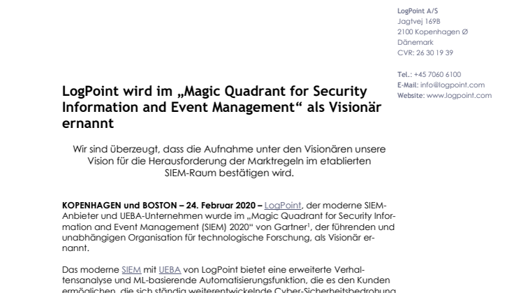 LogPoint wird im „Magic Quadrant for Security Information and Event Management“ als Visionär ernannt