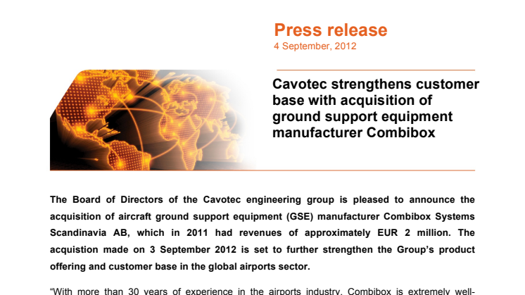 Cavotec strengthens customer base with acquisition of ground support equipment manufacturer Combibox