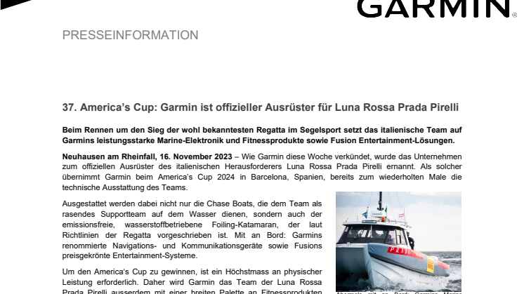 PM CH Garmin offizieller Ausrüster für Luna Rossa Prada Pirelli
