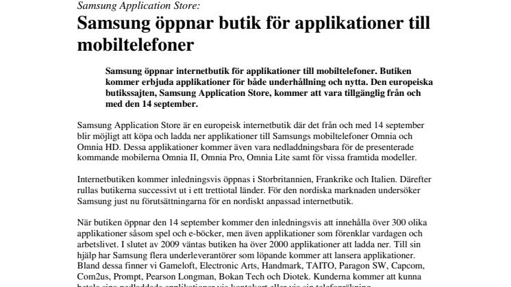 Samsung öppnar butik för applikationer till mobiltelefoner