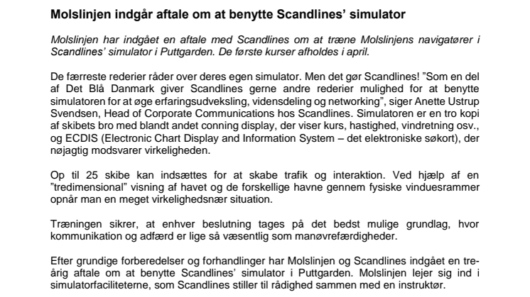 Molslinjen indgår aftale om at benytte Scandlines’ simulator