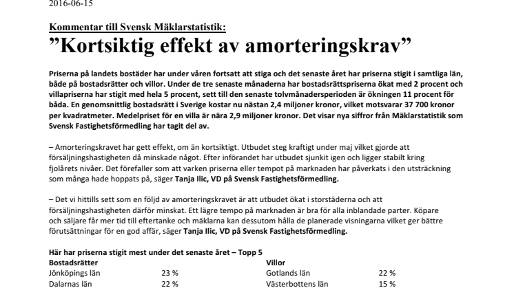 Kommentar till Svensk Mäklarstatistik: ”Kortsiktig effekt av amorteringskrav”