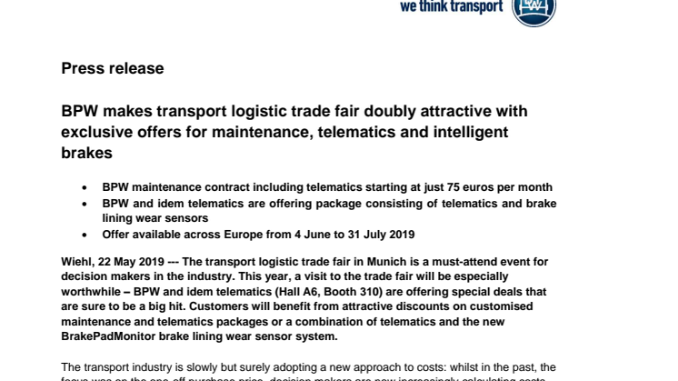 BPW makes transport logistic trade fair doubly attractive with exclusive offers for maintenance, telematics and intelligent brakes