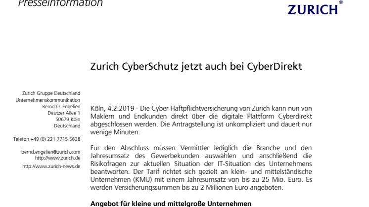 Zurich CyberSchutz jetzt auch bei CyberDirekt 