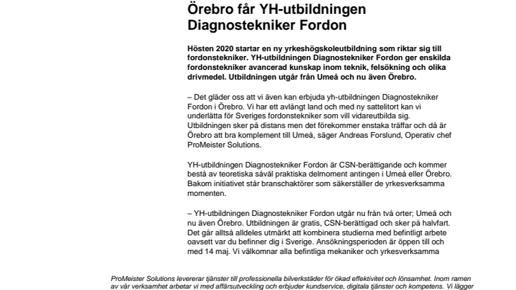 Örebro får YH-utbildningen Diagnostekniker Fordon