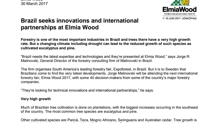 Brazil seeks innovations and international  partnerships at Elmia Wood 