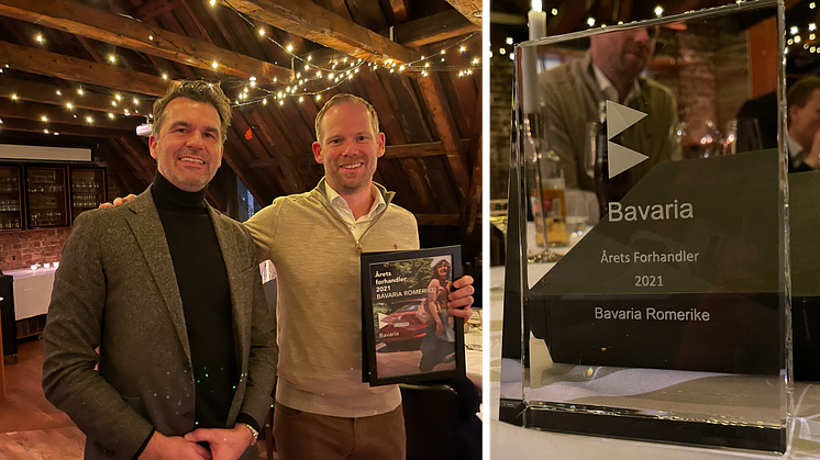 Hallvard Vikeså, CEO of Bavaria Norway, presented the prestigious Award of Dealer of the Year to Bavaria Romerike here represented by general manager, Espen Dalby Johansen.