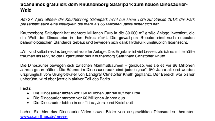 Scandlines gratuliert dem Knuthenborg Safaripark zum neuen Dinosaurier-Wald