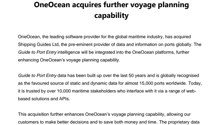 OneOcean acquires further voyage planning capability 