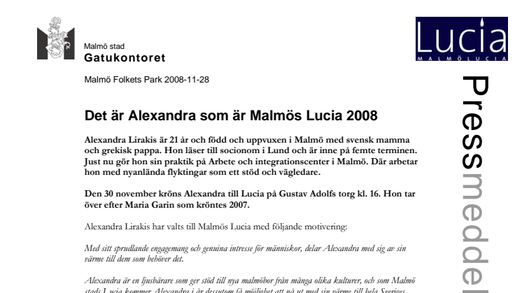 Det är Alexandra som är Malmös Lucia 2008