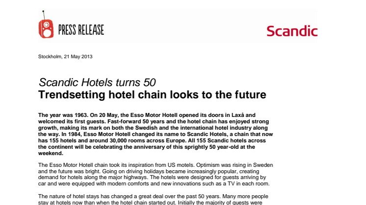Scandic Hotels turns 50 - Trendsetting hotel chain looks to the future