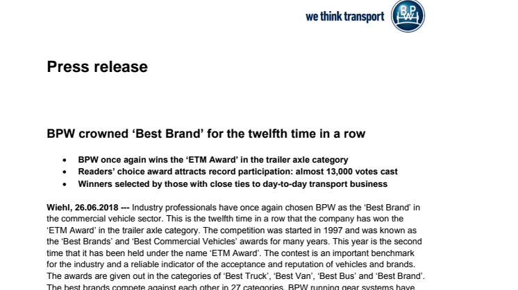 BPW crowned ‘Best Brand’ for the twelfth time in a row