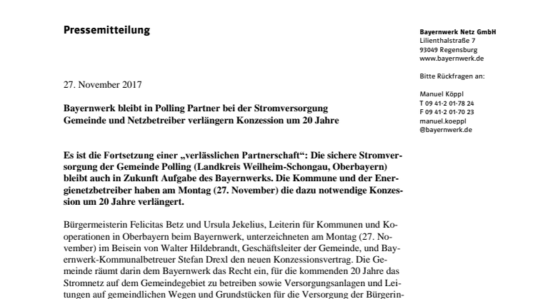 Bayernwerk bleibt in Polling Partner bei der Stromversorgung
