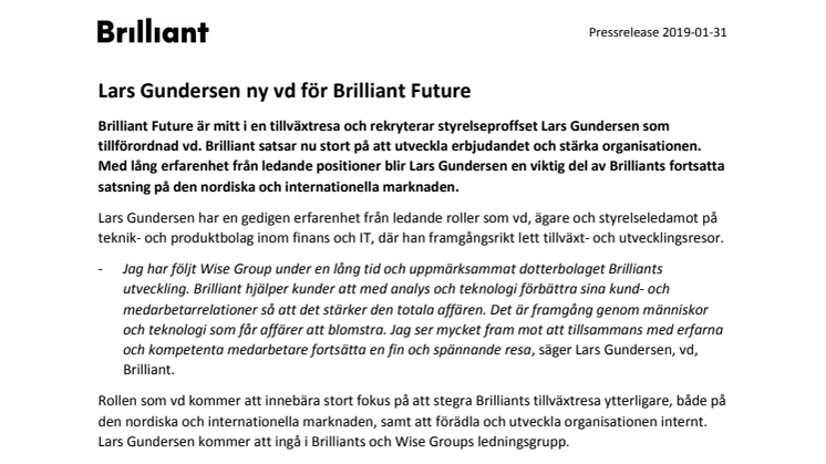 Lars Gundersen ny vd för Brilliant Future