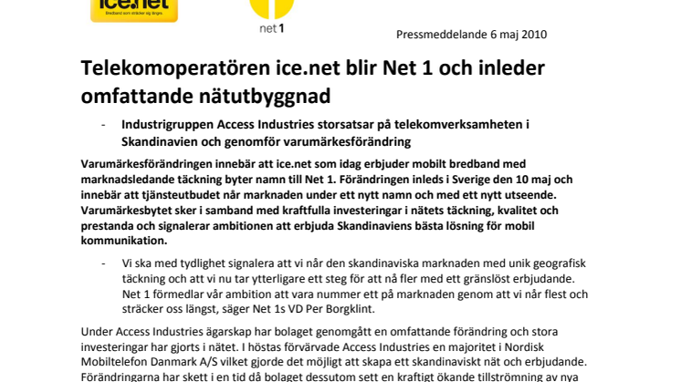 Telekomoperatören ice.net blir Net 1 och inleder  omfattande nätutbyggnad