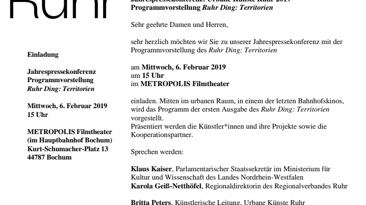 Einladung Jahrespressekonferenz mit Programmvorstellung Ruhr Ding