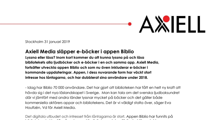 Axiell Media släpper e-böcker i appen Biblio 