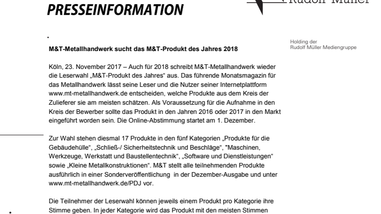 M&T-Metallhandwerk sucht das M&T-Produkt des Jahres 2018