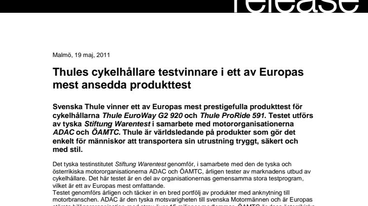 Thules cykelhållare testvinnare i ett av Europas mest ansedda produkttest