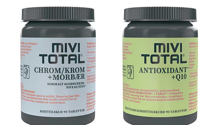Nye kosttilskud fra Mivitotal: Krom + Morbær for stabilt blodsukkerniveau samt Antioxidant + Q10.