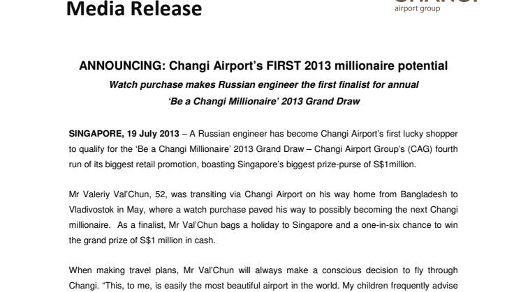 ANNOUNCING: Changi Airport’s FIRST 2013 millionaire potential