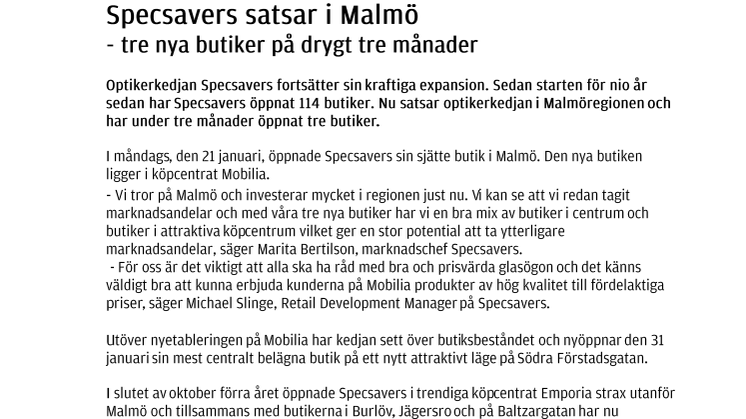 Specsavers satsar i Malmö - tre nya butiker på drygt tre månader
