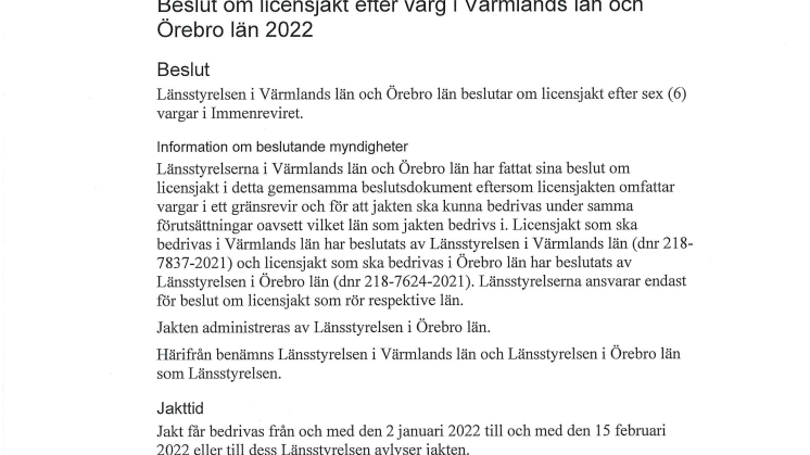 Beslutet om licensjakt efter varg i Värmlands län och Örebro län Immenreviret 2022.pdf