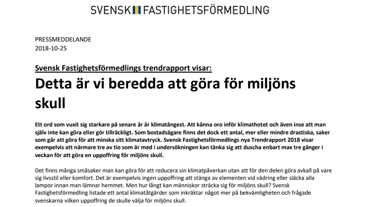 Svensk Fastighetsförmedlings trendrapport visar: Detta är vi beredda att göra för miljöns skull