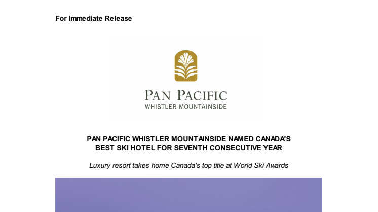 Pan Pacific Whistler Mountainside named Canada's Best Ski Hotel for 7th consecutive year