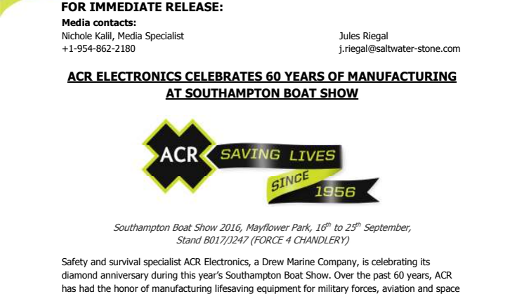 ACR Electronics: Southampton Boat Show: ACR Electronics Celebrates 60 Years of Manufacturing at Southampton Boat Show