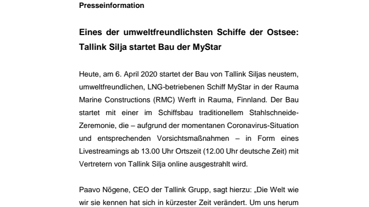 Eines der umweltfreundlichsten Schiffe der Ostsee: Tallink Silja startet Bau der MyStar