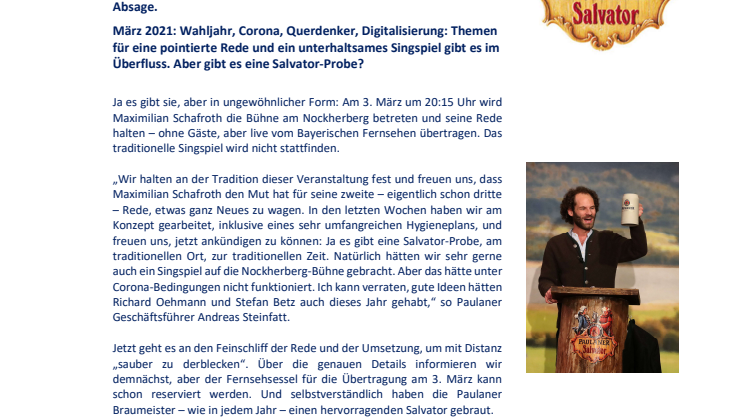Die Salvator-Probe 2021 – Maximilian Schafroth hält die Fastenpredigt live auf dem Nockherberg – ohne Gäste
