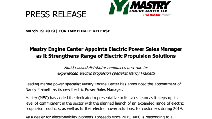 Mastry Engine Center Appoints Electric Power Sales Manager as it Strengthens Range of Electric Propulsion Solutions