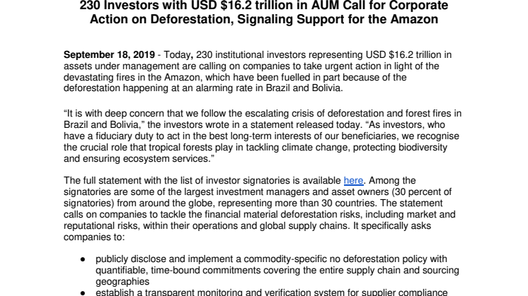 230 Investors with USD $16.2 trillion in AUM Call for Corporate Action on Deforestation, Signaling Support for the Amazon