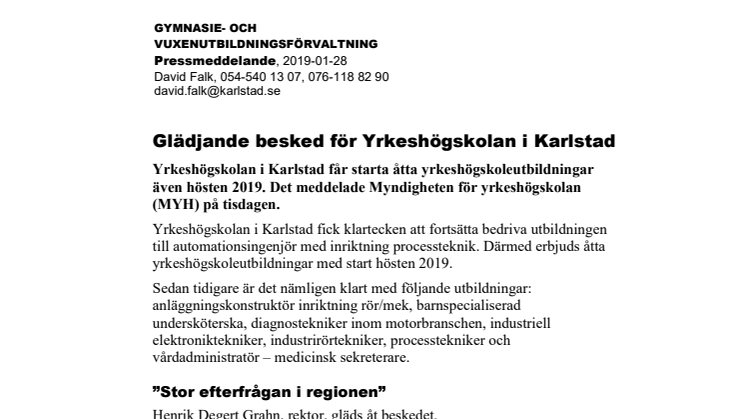 Glädjande besked för Yrkeshögskolan i Karlstad