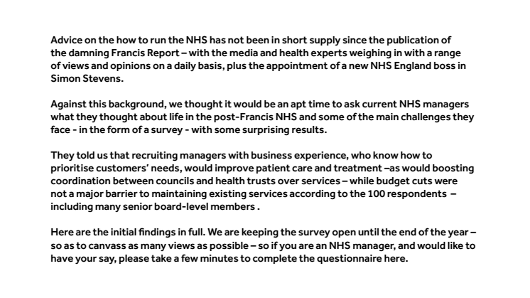 WE’RE OPEN TO CHANGE – SAY NHS MANAGERS (results from our Healthcare Survey enclosed)