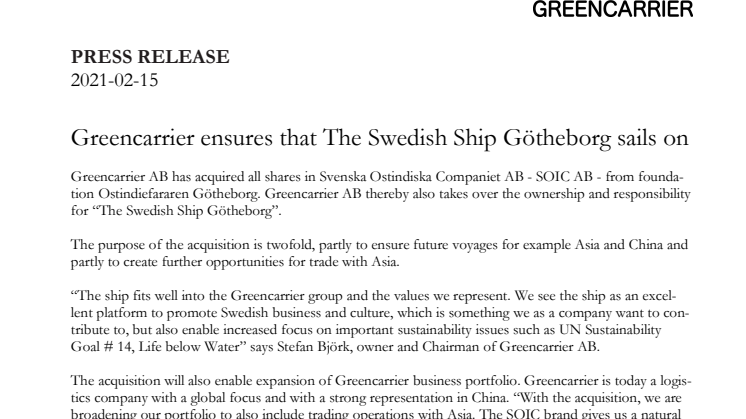 Greencarrier ensures that The Swedish Ship Götheborg sails on