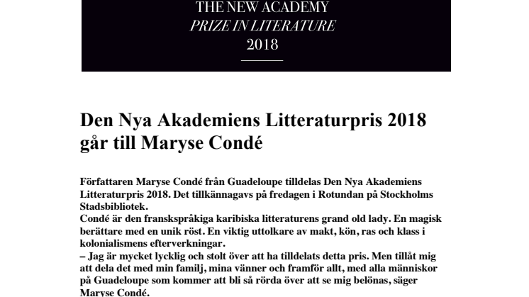 Den Nya Akademiens Litteraturpris 2018 tilldelas Maryse Condé