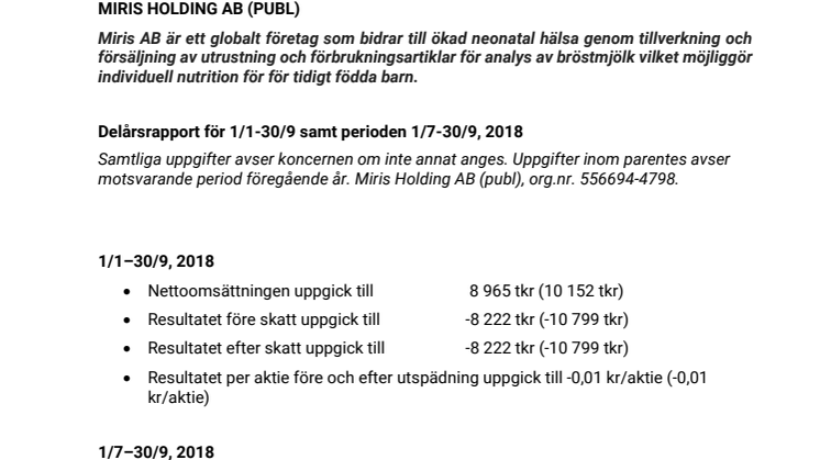 Miris Holding - Delårsrapport för 1/1-30/9 samt perioden 1/7-30/9, 2018