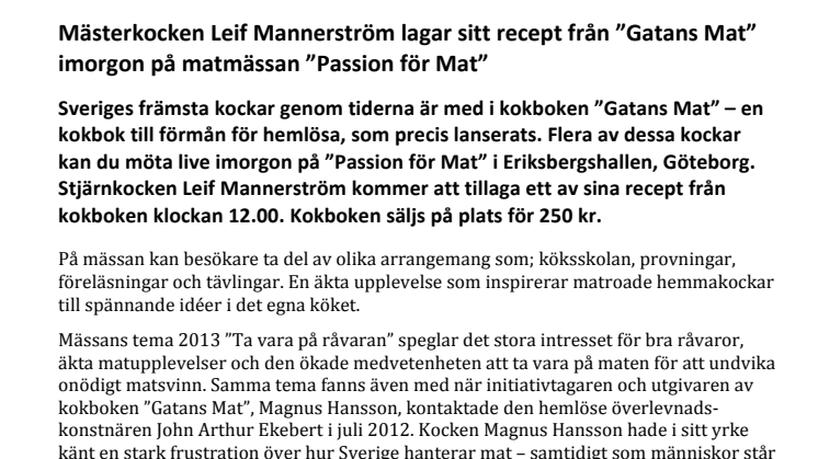 Mästerkocken Leif Mannerström lagar recept från ”Gatans Mat” imorgon på matmässan ”Passion för Mat”