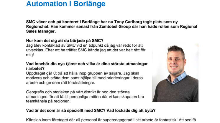 Tony Carlborg ny regionchef på SMC Automation i Borlänge